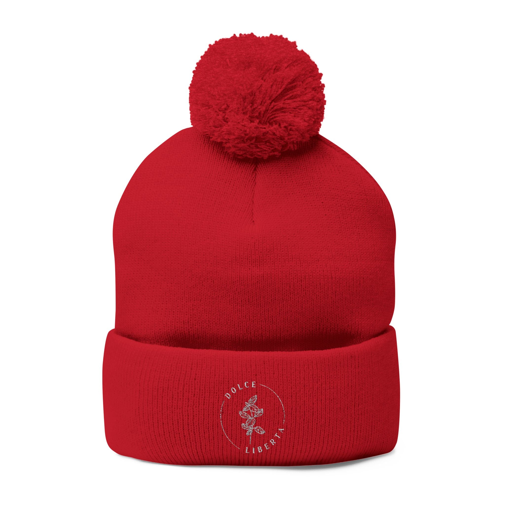 Dolce Liberta Pom-Pom Beanie — Embroidered Knit Cap