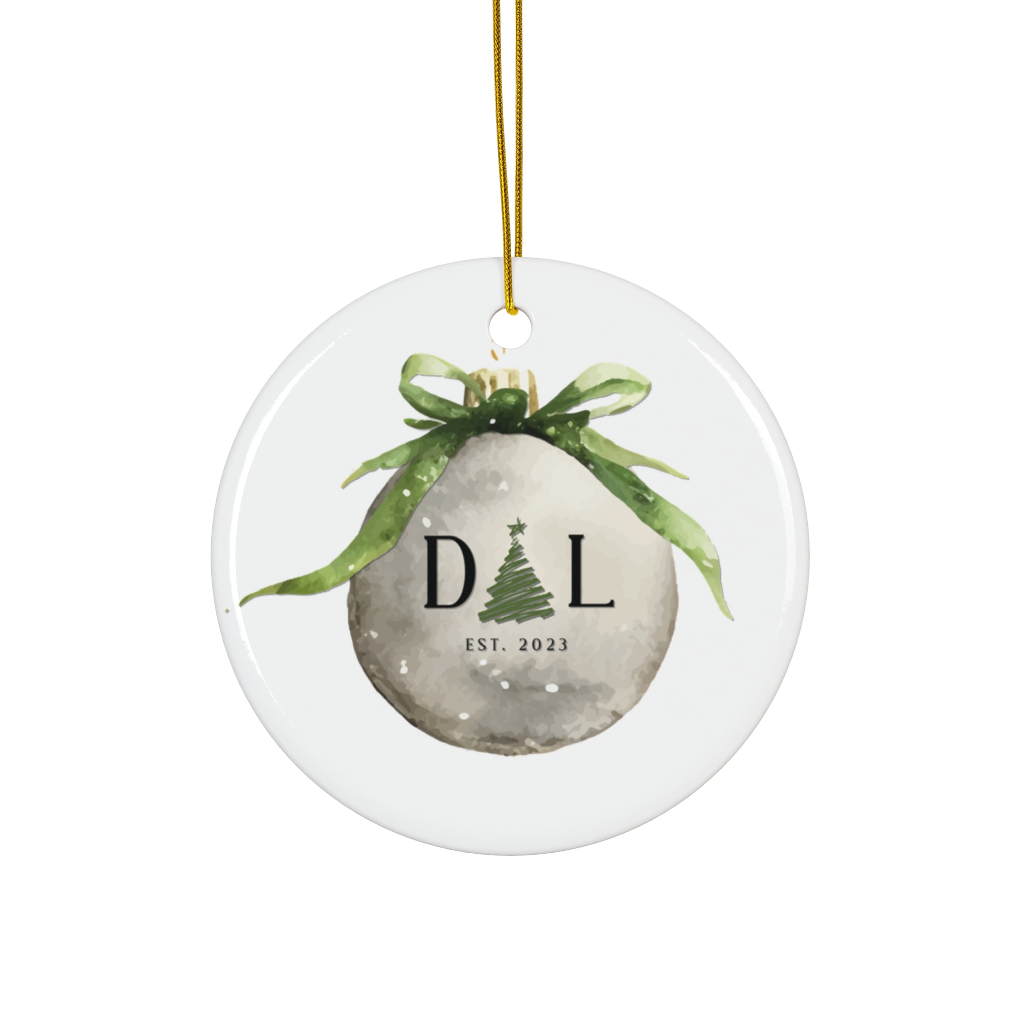 Personalized Ceramic Christmas Ornament — Watercolor Holiday Initials (Est. 2023)