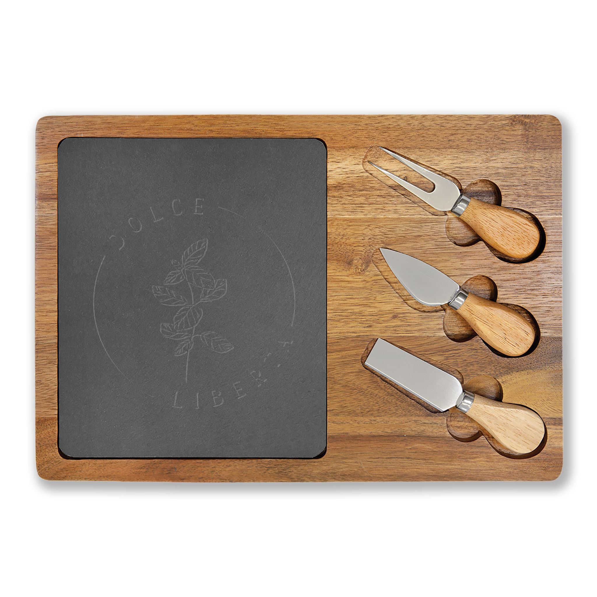 Engraved Acacia Charcuterie Board with Slate Inlay & 3 Cheese Knives