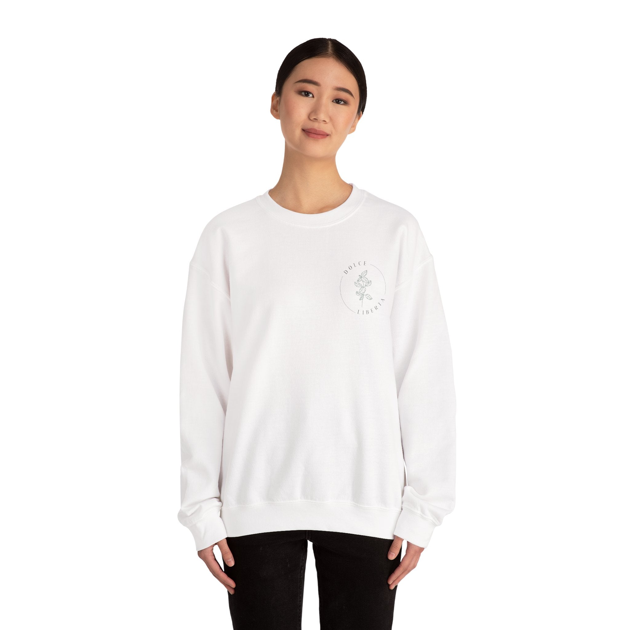 Minimal White Crewneck Sweatshirt — Subtle Chest Logo Casual Pullover