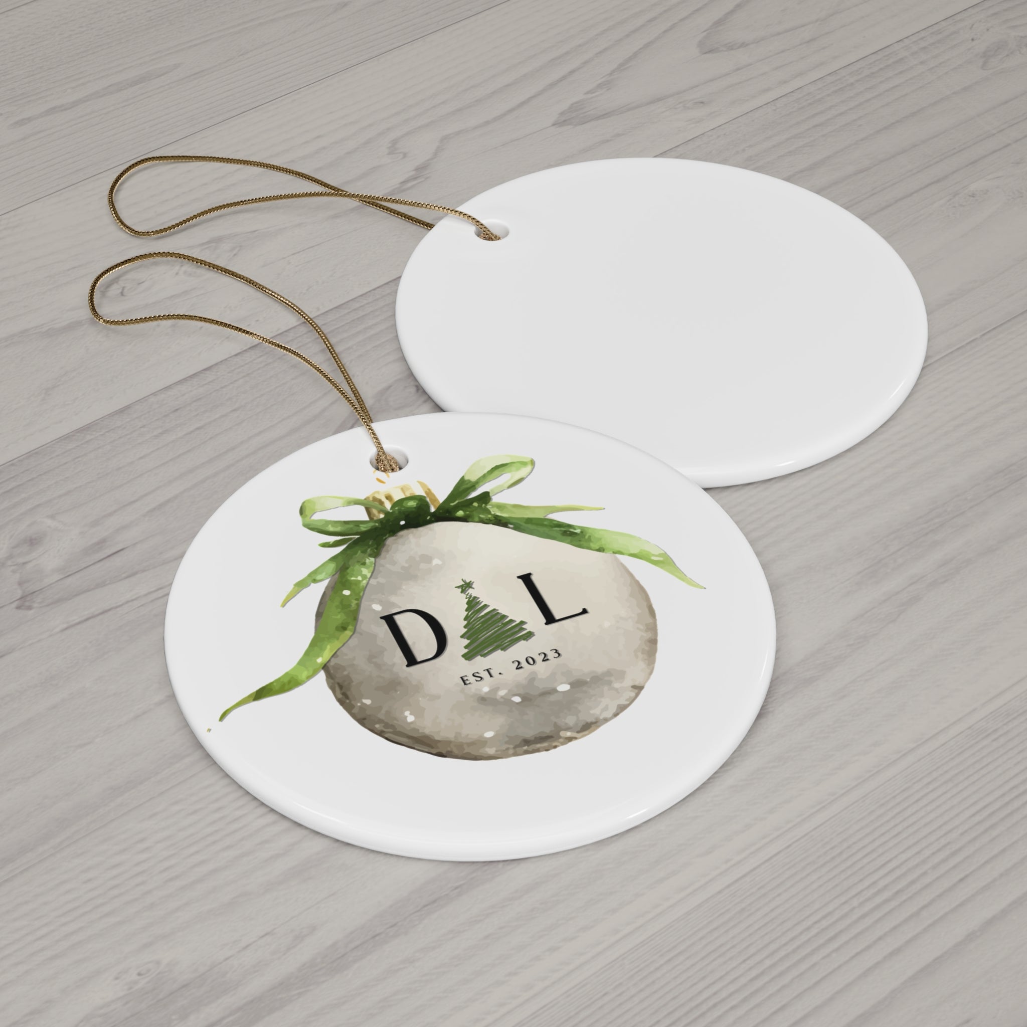 Personalized Ceramic Christmas Ornament — Watercolor Holiday Initials (Est. 2023)