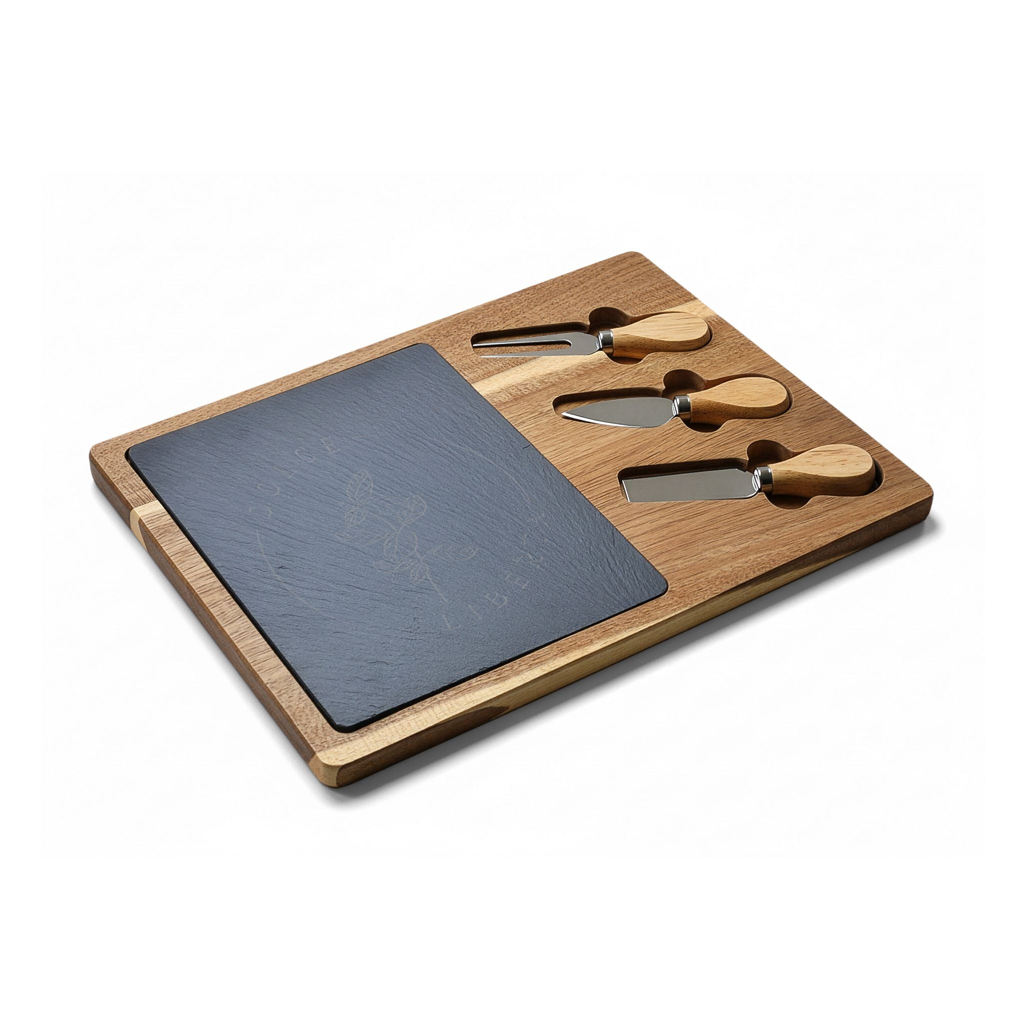 Engraved Acacia Charcuterie Board with Slate Inlay & 3 Cheese Knives