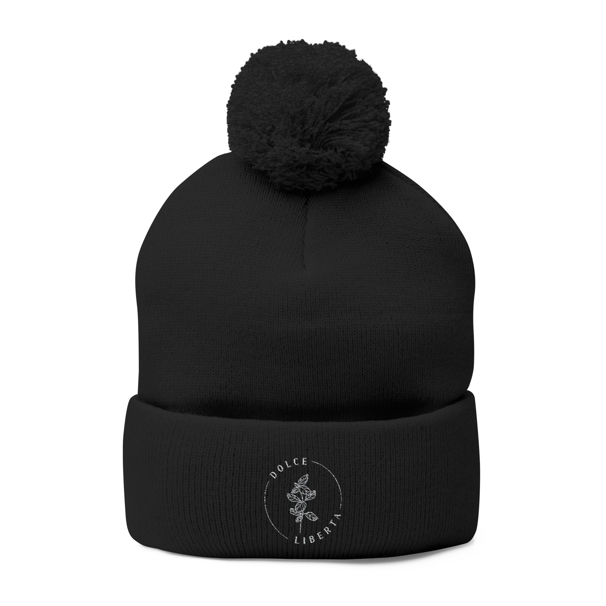 Dolce Liberta Pom-Pom Beanie — Embroidered Knit Cap